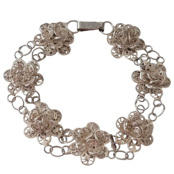 800 Spun Silver Flower Link Chain Bracelet, 8" Long E686 - Picture 8 of 8